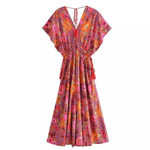 Red Lovebird Boho Floral Flare Maxi Dress W/Empire Waist Tassels&Batwing Sleeves - Picture 13 of 15
